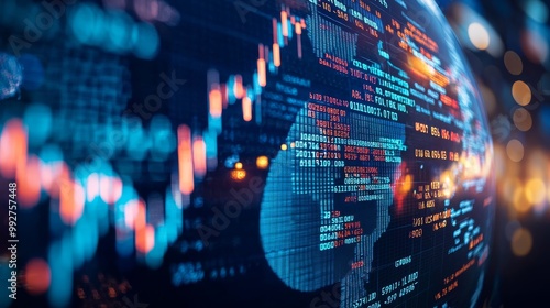 Abstract Data Visualization of Global Financial Markets Macro Perspective with Colorful Bokeh Effects and Intricate Details on Digital Graphs