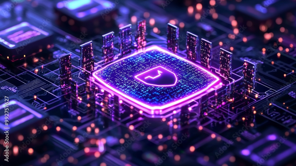 Fototapeta premium Abstract Cybersecurity Concept Colorful Circuit Board with Shield Icon, High-Resolution Digital Composition, Futuristic Technology Perspective