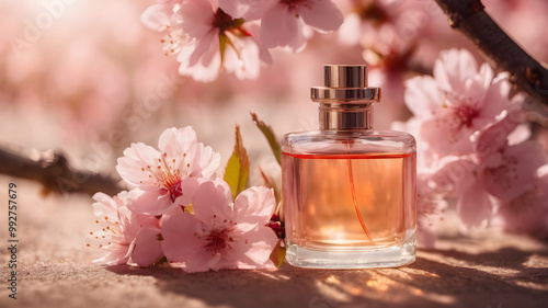 Perfume bottle placed amidst cherry blossoms with soft sunlight filtering through on a pastel pink background 