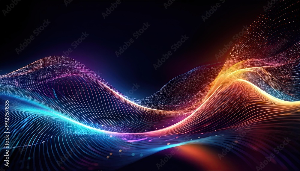 Particle wave of abstract gradient hologram in motion. Background technology of digital wallpaper Particle wave of abstract gradient hologram in motion. Background technology of digital wallpaper