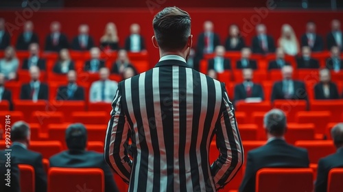 Contrast Perspective A Figures' Perspective in a Corporate Setting, Featuring a Man in Striped Suit Addressing a Sparse Audience in Red Seats