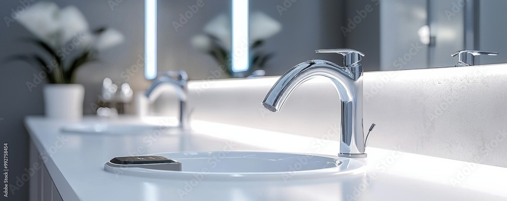 Modern Bathroom Perspective Minimalist White Sink with Chrome Faucet, Soft Lighting, and Serene Decor for Contemporary Interior Design Concept Modern Bathroom Perspective Minimalist White Sink with Chrome Faucet, Soft Lighting, and Serene Decor for Contemporary Interior Design Concept