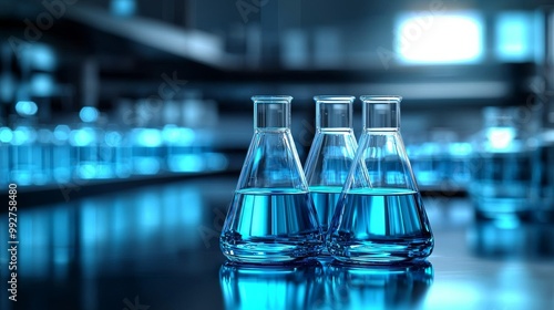 Modern Laboratory Perspective Close-Up of Three Blue Erlenmeyer Flasks on Reflective Surface, Emphasizing Scientific Research Concept