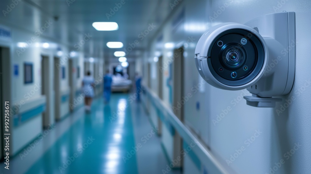 Surveillance in Healthcare A Close-Up of a Camera in a Hospital Corridor, Focusing on Safety and Monitoring in Medical Environments Surveillance in Healthcare A Close-Up of a Camera in a Hospital Corridor, Focusing on Safety and Monitoring in Medical Environments