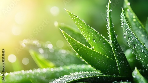 Sparkling water drops on dark green aloe vera leaf, green bokeh background, space for text.