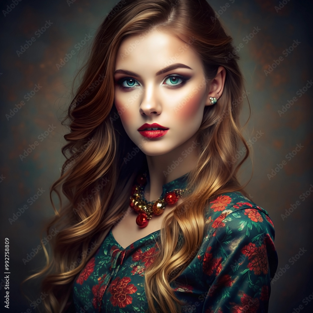 Fototapeta premium A young woman with long, flowing blonde hair, wearing a stylish floral outfit, gazes intently with a poised expression. She has striking makeup and accessorizes with a bold necklace.