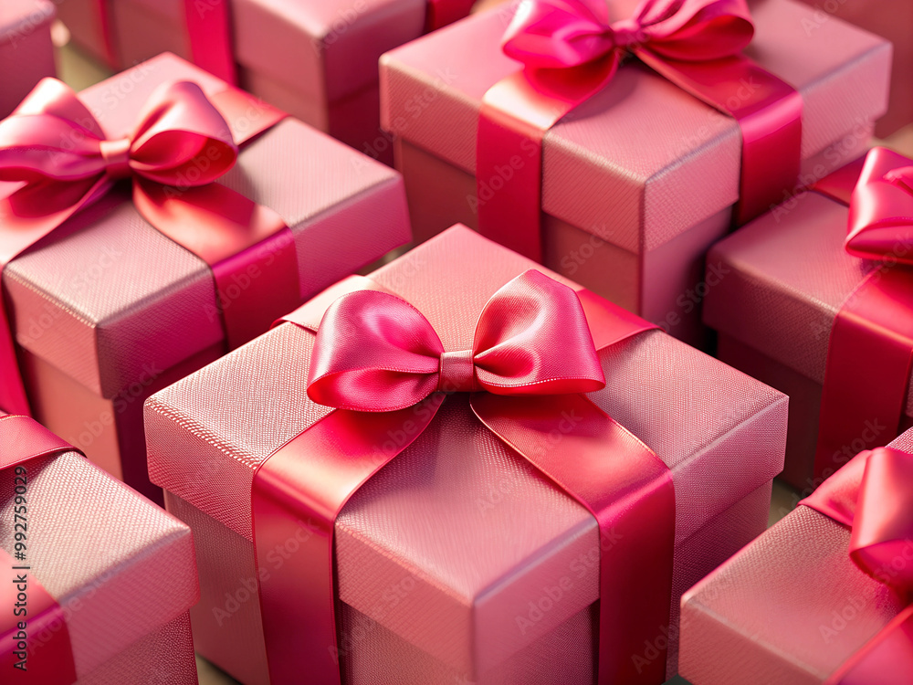Fototapeta premium Multiple pink gift boxes with matching satin bows arranged together, offering a festive and celebratory atmosphere.