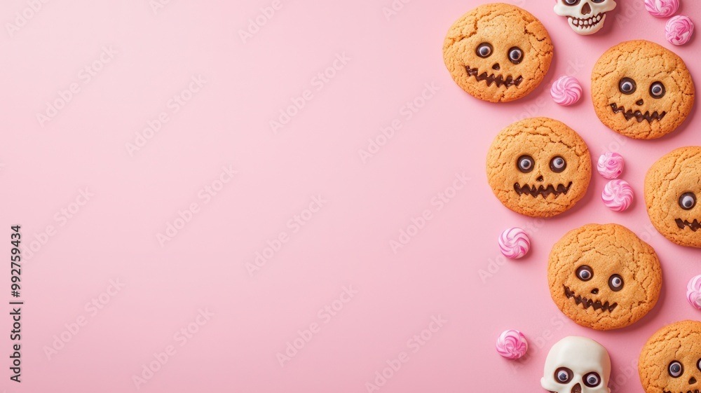 Obraz premium Festive Halloween cookies with playful designs, complemented by spooky skulls and pink treats, set against a soft pink background.
