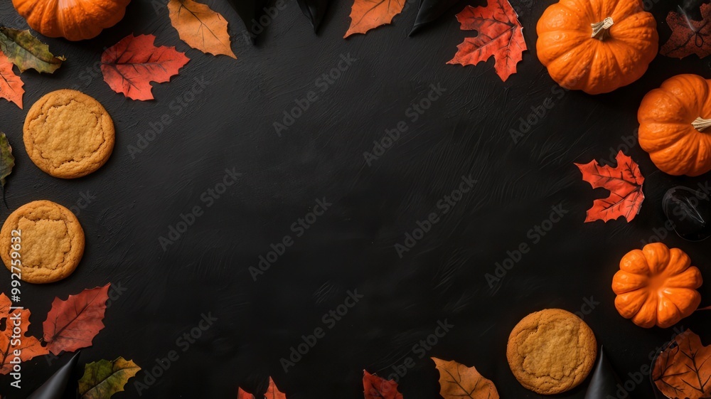 Fototapeta premium Halloween Flat-Lay with Pumpkins, Cookies, and Autumn Leaves on a Black Background, Perfect for Festive Banners
