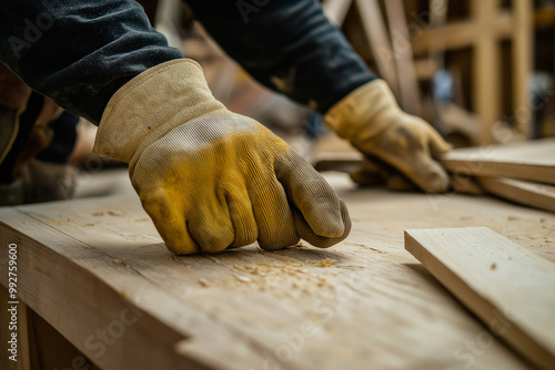 Closeup of a hand in yellow work gloves sanding a wooden plank