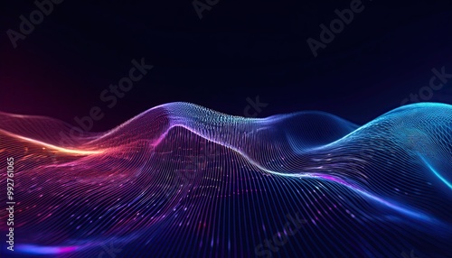 Particle wave of abstract gradient hologram in motion. Background technology of digital wallpaper