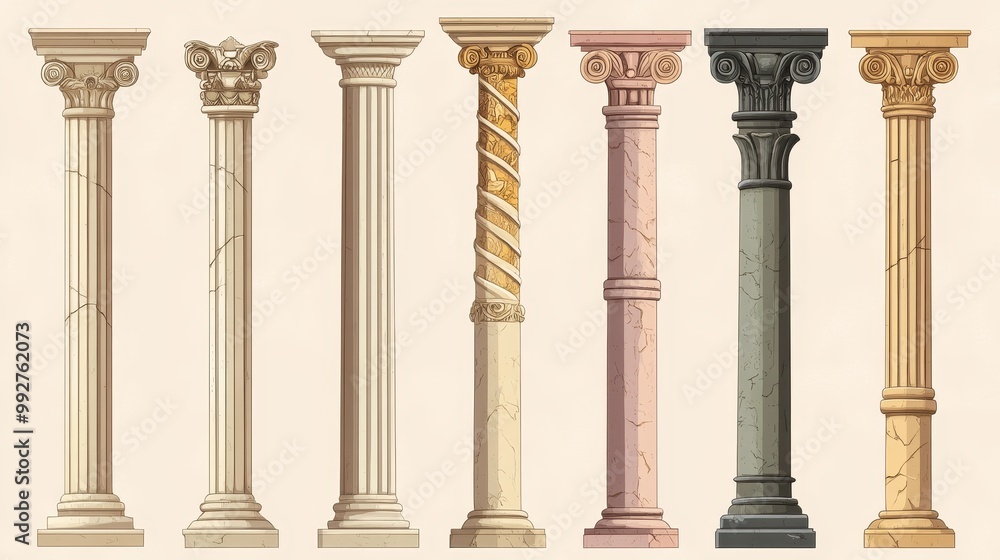 Fototapeta premium Cartoonish pillars and antique architecture columns reminiscent of ancient Roman temples. A collection of illustrations depicting Roman building elements, including pillars.