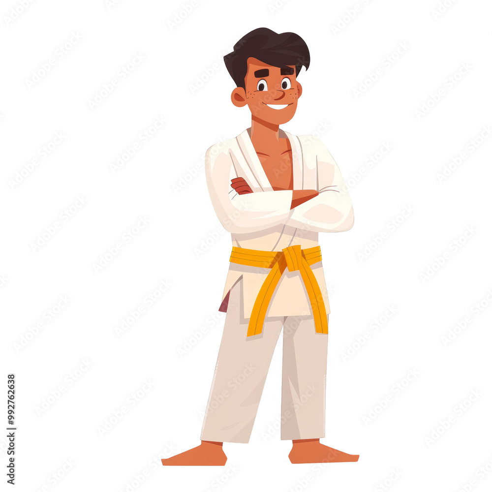 A young man in a white karate uniform with a yellow belt, standing with his arms crossed and smiling. A young man in a white karate uniform with a yellow belt, standing with his arms crossed and smiling.