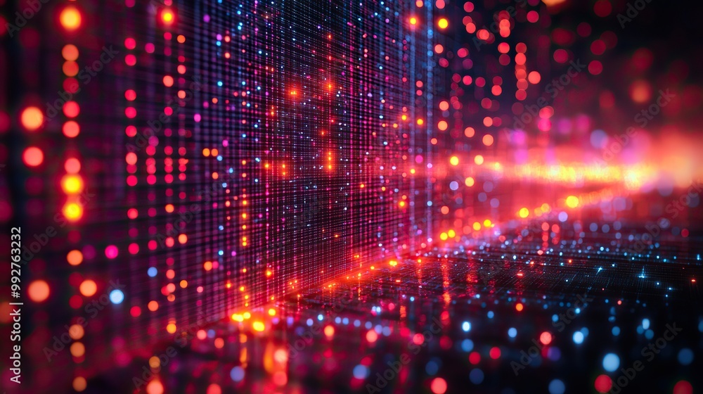 A big data visualization in an abstract tech background, featuring AI and science elements in a 3D rendering. A big data visualization in an abstract tech background, featuring AI and science elements in a 3D rendering.
