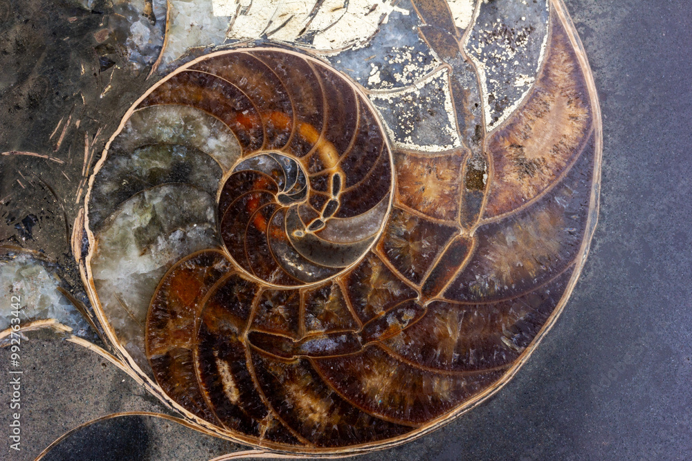 a cut of a stone with texture of ammonite with a golden section in a close-up section