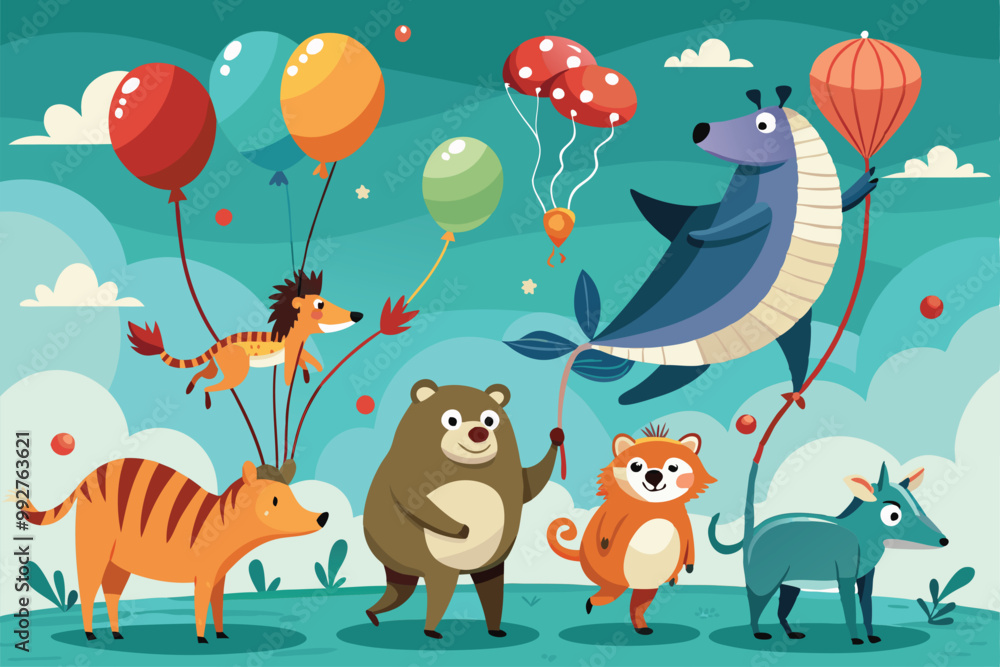 Naklejka premium A variety of whimsical animals float happily with vibrant balloons under a bright, cheerful sky, Customizable flat illustration of diving with animals.