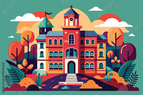 A charming orphanage stands amidst lush trees and vibrant clouds, reflecting warmth and hope in its design, Customizable flat illustration of an orphanage.