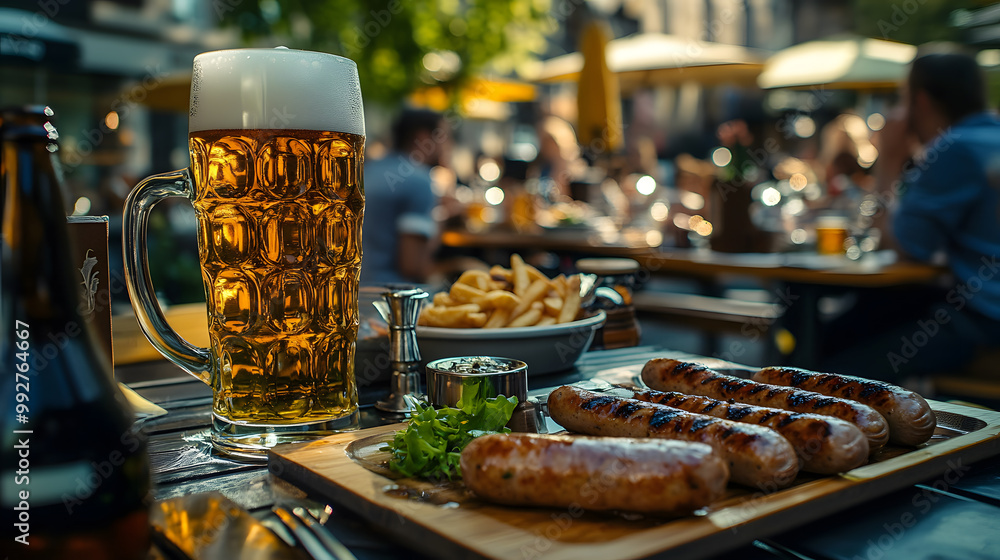 A bustling outdoor beer garden with a long, communal table filled with people enjoying a variety of food and drinks. A bustling outdoor beer garden with a long, communal table filled with people enjoying a variety of food and drinks.