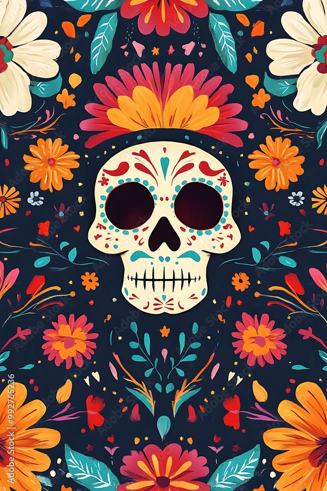 A colorful illustration of a sugar skull surrounded by flowers with a dark blue background. A colorful illustration of a sugar skull surrounded by flowers with a dark blue background.