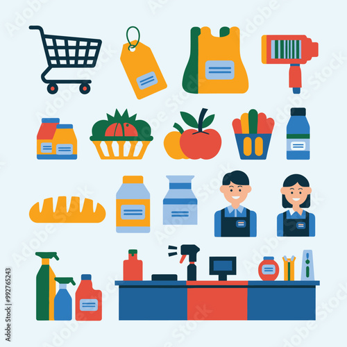 illustrations vector sale offer supper market items icon  for juice and basket ,label ,price , fruits , others 
