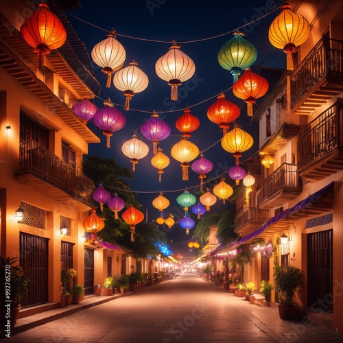 A beautiful night-time image of traditional Diwali lanterns (kandils) hanging from balconies, casting a soft glow over the streets below photo