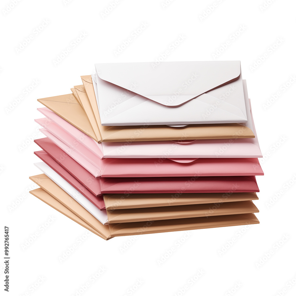 Stack Of Colored Envelopes In Shades Of Pink And Beige On White Background Stack Of Colored Envelopes In Shades Of Pink And Beige On White Background