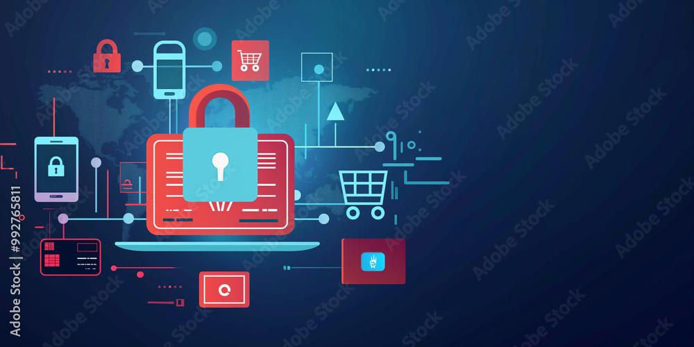 Cybersecurity, Online Security, Data Protection Concept with Padlock, Smartphone, Laptop and Cybersecurity, Online Security, Data Protection Concept with Padlock, Smartphone, Laptop and