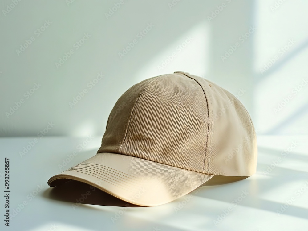 A beige baseball cap sitting on top of a white table A beige baseball cap sitting on top of a white table