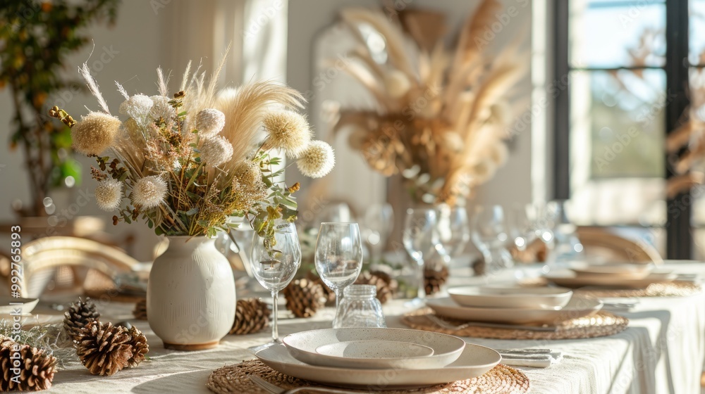 Elegant table setting with dried flowers, pampas grass and pine cones in light dining room Elegant table setting with dried flowers, pampas grass and pine cones in light dining room