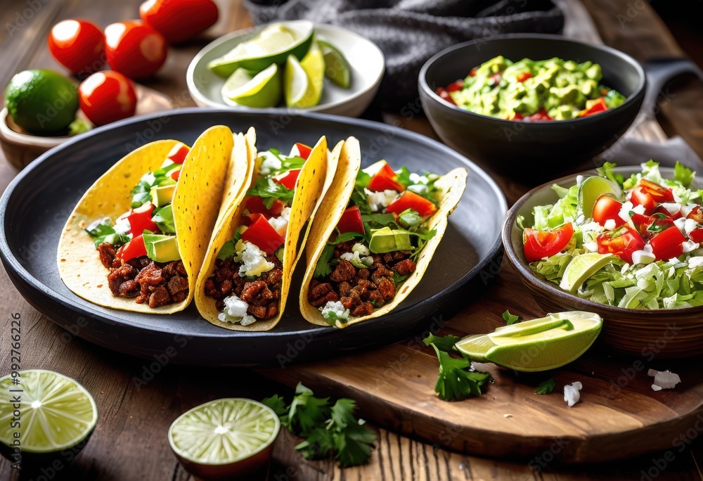 vibrant taco toppings displayed colorful settings bright ingredients fresh herbs culinary feast, coriander, onion, tomato, pepper, avocado, cheese, sour vibrant taco toppings displayed colorful settings bright ingredients fresh herbs culinary feast, coriander, onion, tomato, pepper, avocado, cheese, sour
