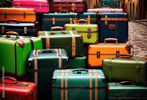 trendy luggage collection surrounded vibrant travel landscapes featuring colorful modern adventurous settings, bags, suitcases, backpacks, duffels