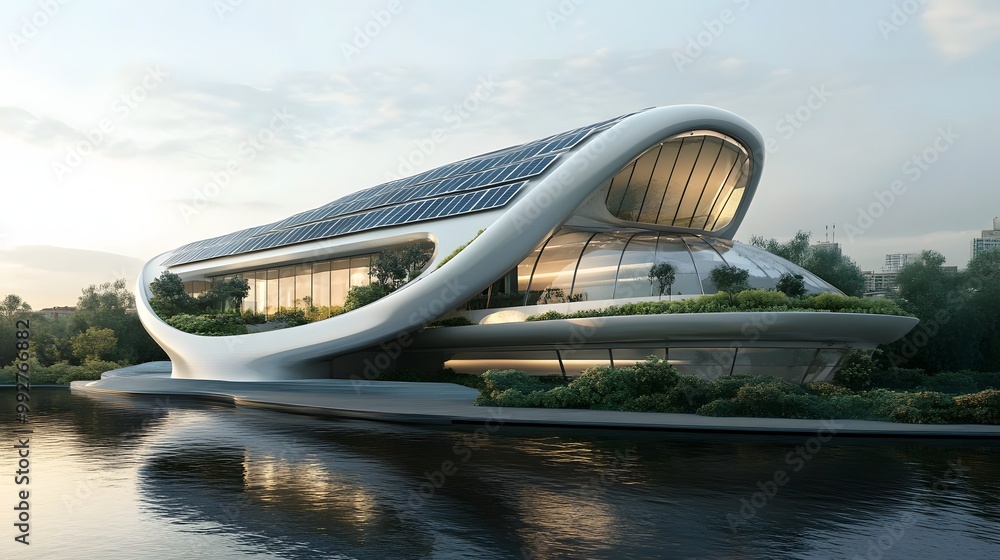 7. A futuristic building designed with solar panel architecture, seamlessly integrating green technology into its structure 7. A futuristic building designed with solar panel architecture, seamlessly integrating green technology into its structure