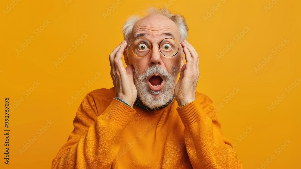 Portrait of Surprised Man Holding Glasses, on a solid color background. Portrait of Surprised Man Holding Glasses, on a solid color background.