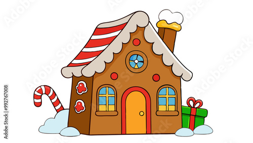 A colorful gingerbread house decorated with candy and snow, evoking a whimsical holiday spirit. Editable strokes.