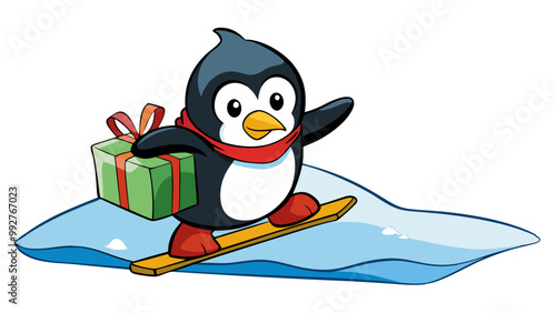 A cheerful penguin on a snowboard carries a Christmas gift, gliding over ice in a festive winter scene. Editable strokes.