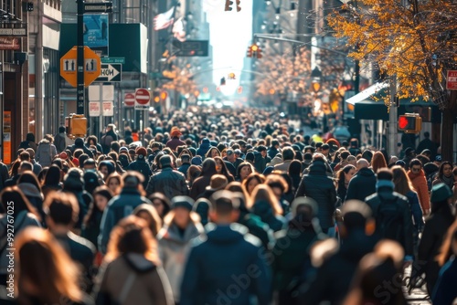 Large crowd of people walking in city street during daytime.