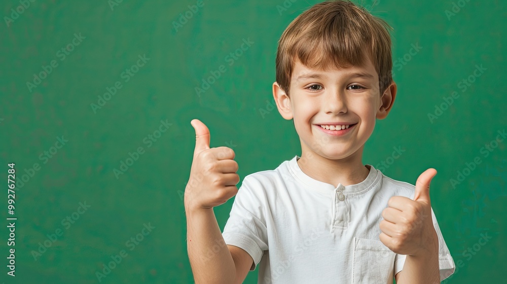 Smiling young boy giving thumbs up, on a solid color background. Smiling young boy giving thumbs up, on a solid color background.