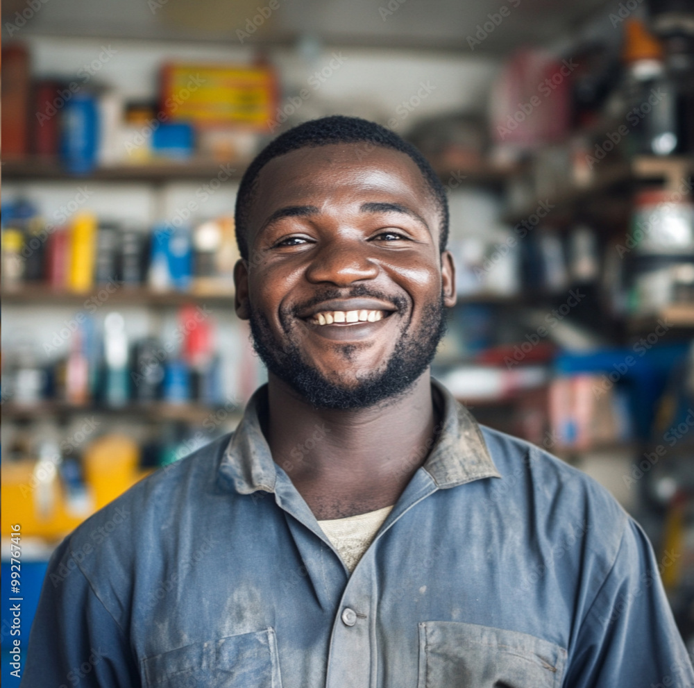 portrait of a cheerful senegalese with a clean outfit employee of a modern hardware store portrait of a cheerful senegalese with a clean outfit employee of a modern hardware store