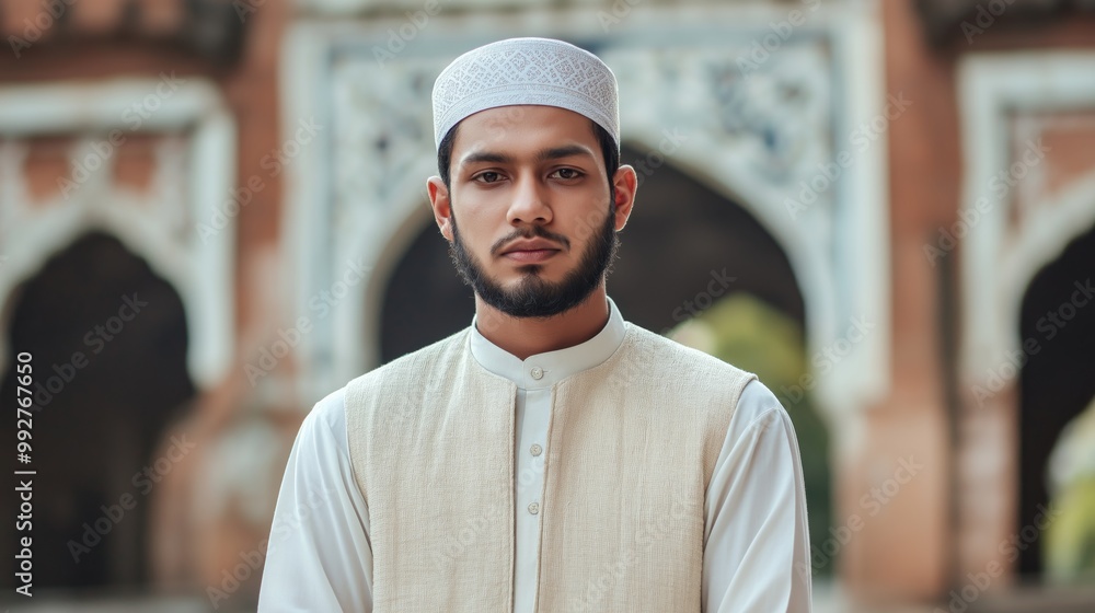 Young Sunni Muslim Cleric Standing in Front of Historic Mosque, Traditional Islamic Attire, Middle Eastern Cultural Scene Young Sunni Muslim Cleric Standing in Front of Historic Mosque, Traditional Islamic Attire, Middle Eastern Cultural Scene