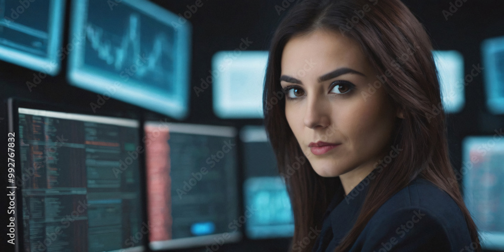 Businesswoman Looking Confidently at Camera with Trading Screens in the Background Businesswoman Looking Confidently at Camera with Trading Screens in the Background
