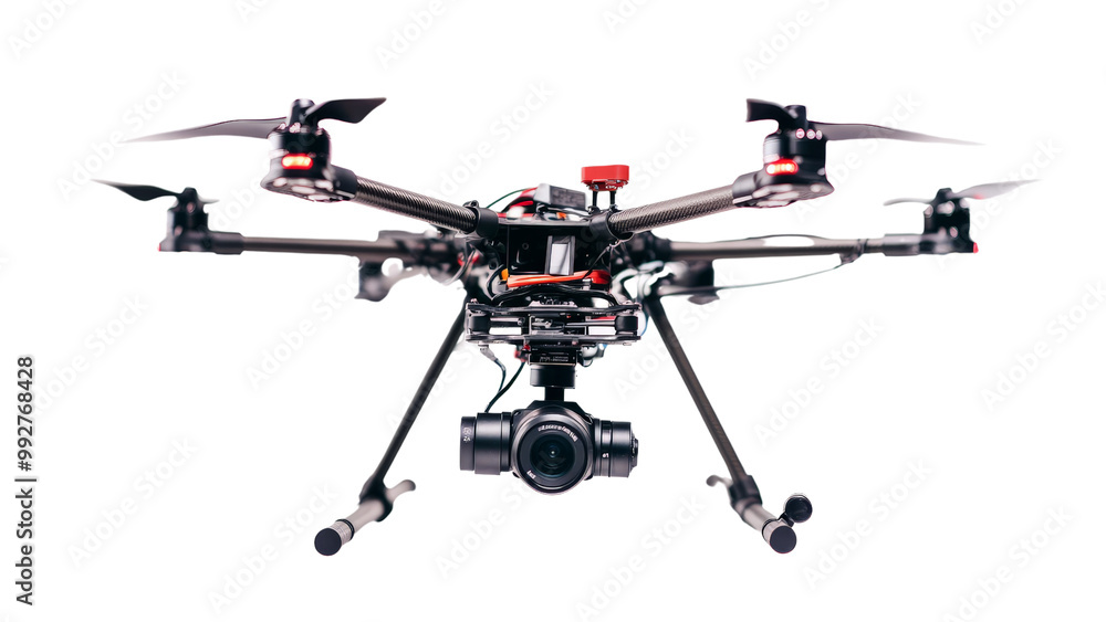 A drone isolated on white, with focus on the propellers and camera gimbal A drone isolated on white, with focus on the propellers and camera gimbal