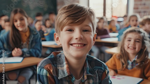 Smiling Young Boy in Classroom.