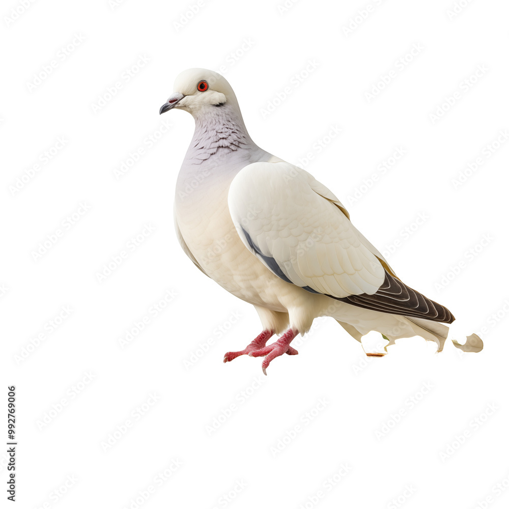 Obraz premium White Dove Perched On A Branch With Green Leaves On A White Background