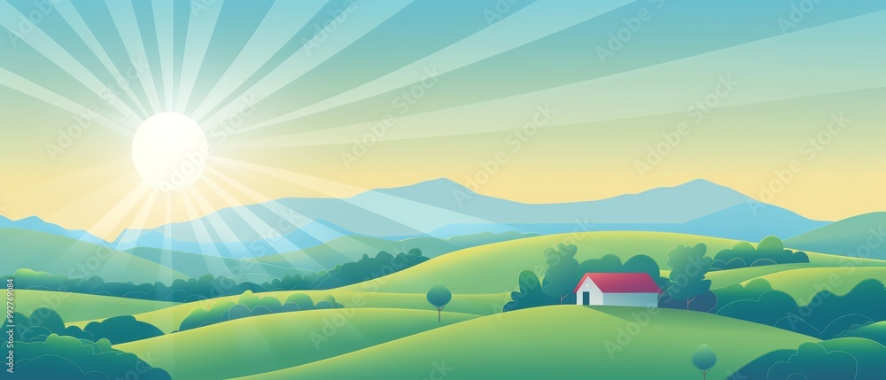 Sunlight, illuminating landscape, flat design illustration Sunlight, illuminating landscape, flat design illustration
