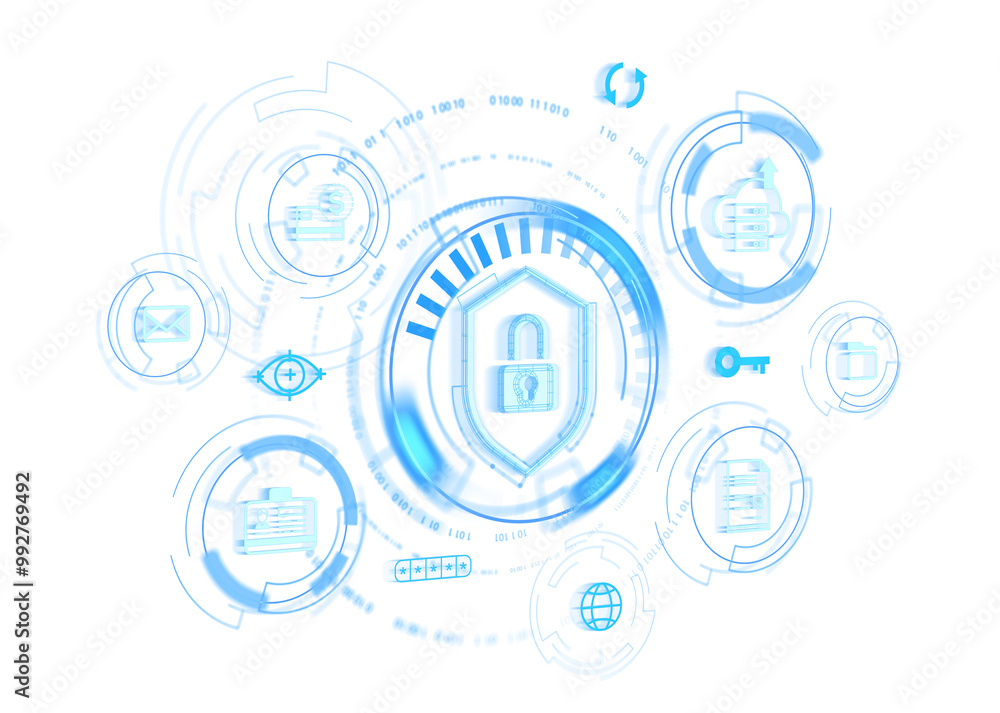 Obraz premium Glowing blue cybersecurity icons. Isolated on white background., Concept of digital security and data protection