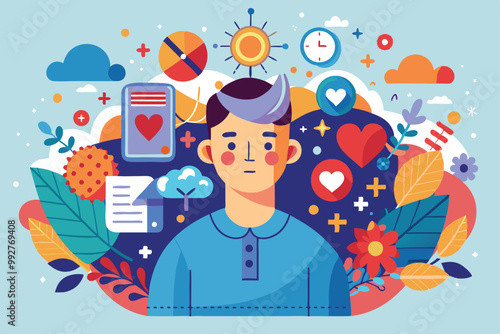A man stands amidst vibrant icons representing mental wellness, emotions, and nature in a playful design, Customizable illustration of disproportionate melanoma