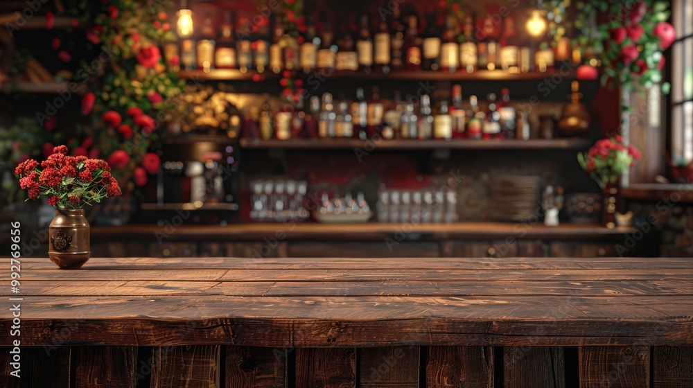 Empty wooden bar counter with Defocused background and bottles of restaurant with bartender background. Using for Mock up template for craft display of your design,Banner for advertise of product. Empty wooden bar counter with Defocused background and bottles of restaurant with bartender background. Using for Mock up template for craft display of your design,Banner for advertise of product.