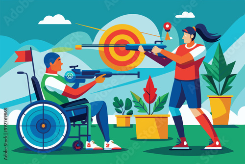 A woman aims her rifle at a target while a man in a wheelchair waits his turn in a vibrant setting, Customizable illustration of a disproportionate palm tree.