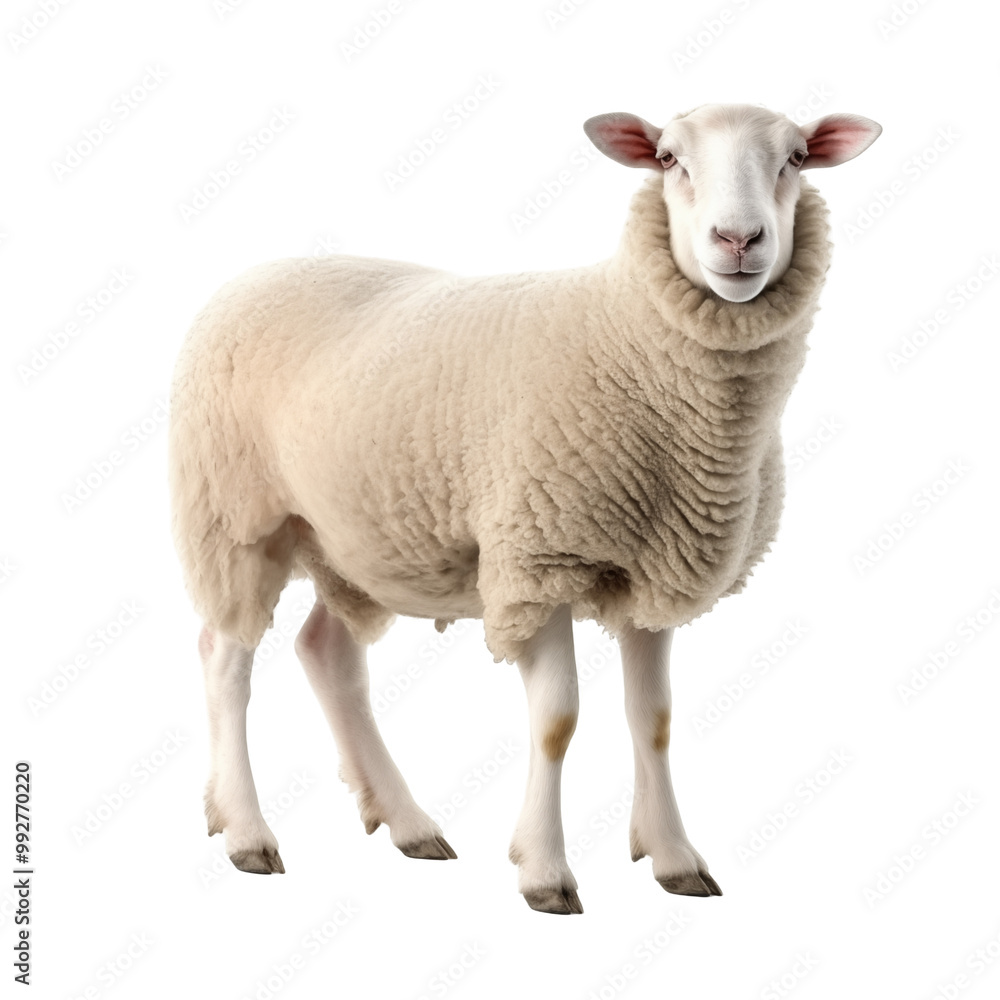 Fluffy White Sheep Standing On White Background Looking Forward Fluffy White Sheep Standing On White Background Looking Forward