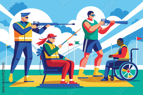 A vibrant depiction of athletes at a shooting event, each engaged in their unique sport outdoors, Customizable illustration of a disproportionate palm tree.